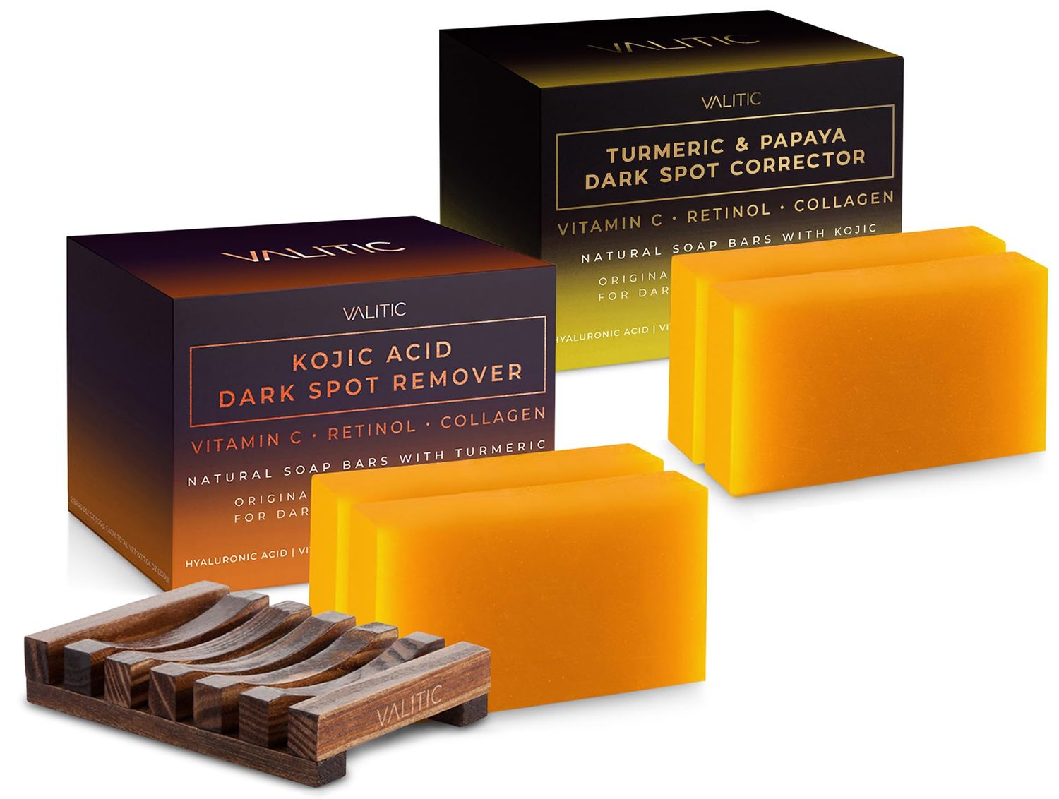 VALITIC Papaya and Turmeric Kojic Acid Soap Bar - Dark Spot Corrector Skin Care Cleansing Bar - Infused with Vitamin C, Hyaluronic Acid - Papaya 2 Pack, Kojic 2 Pack, Holder