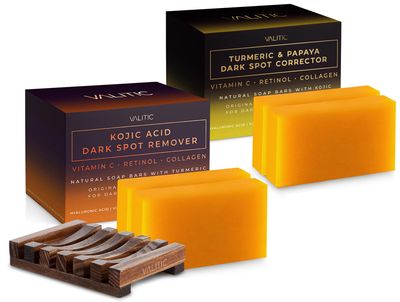 VALITIC Papaya and Turmeric Kojic Acid Soap Bar - Dark Spot Corrector Skin Care Cleansing Bar - Infused with Vitamin C, Hyaluronic Acid - Papaya 2 Pack, Kojic 2 Pack, Holder