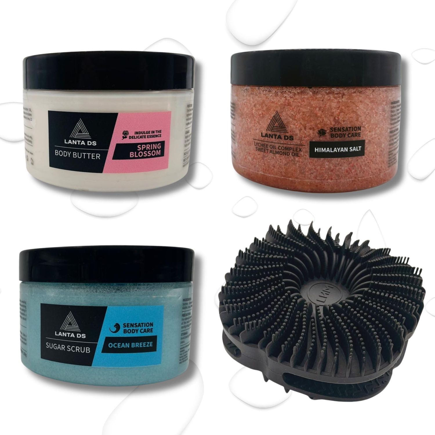 LANTA DS- Shower Wellness Set 4 in 1- Silicone body scrubber/Sugar Scrub/Himalayan Salt Scrub/Body Butter/Body Exfoliating Pack/for All Skin Types/self care/shower brush for body/body self care