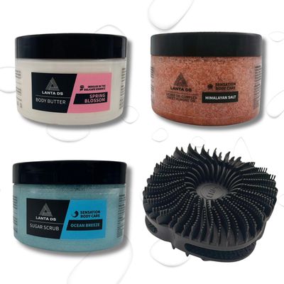 LANTA DS- Shower Wellness Set 4 in 1- Silicone body scrubber/Sugar Scrub/Himalayan Salt Scrub/Body Butter/Body Exfoliating Pack/for All Skin Types/self care/shower brush for body/body self care