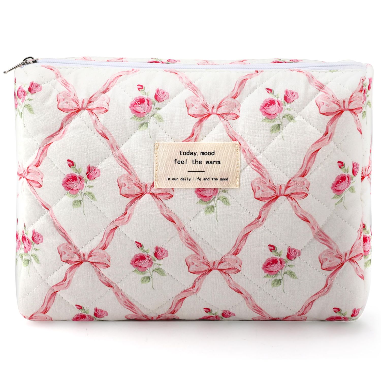 ZLSPTK Floral Makeup Bag Cotton Quilted Pink Bow Aesthetic Cosmetic Bag for Women Girls Cute Coquette Flower Makeup Pouch for Purse Large Trendy Travel Toiletry Bag Portable Zipper Cloth Skincare Bag