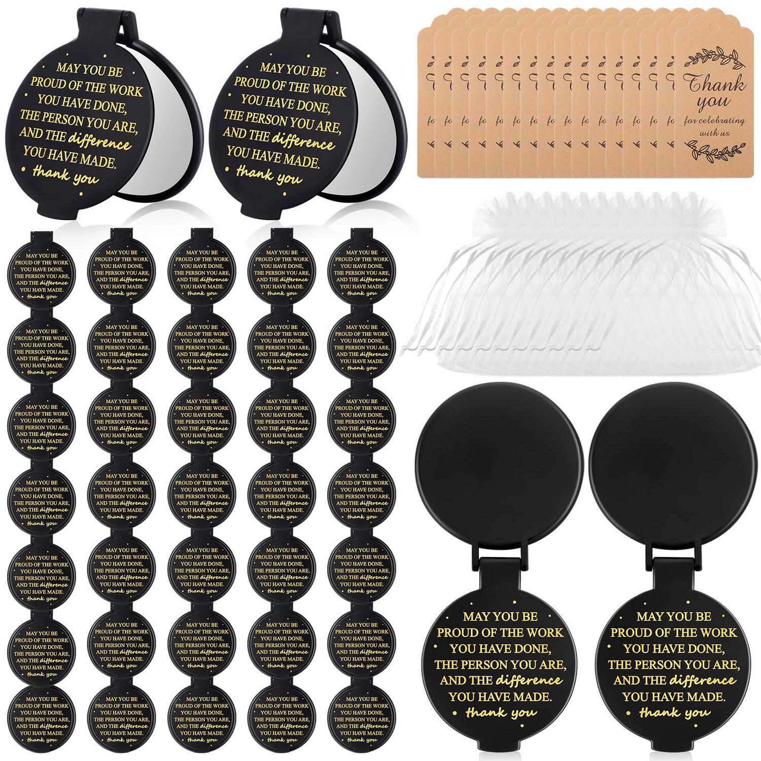 Wenqik 150 Pcs Employee Appreciation Gifts Compact Mirror Bulk Thank You Gift for Staff inspirational Compact Pocket Round Mirrors with Cards Organza Bags for Wedding Women Teacher Coworker