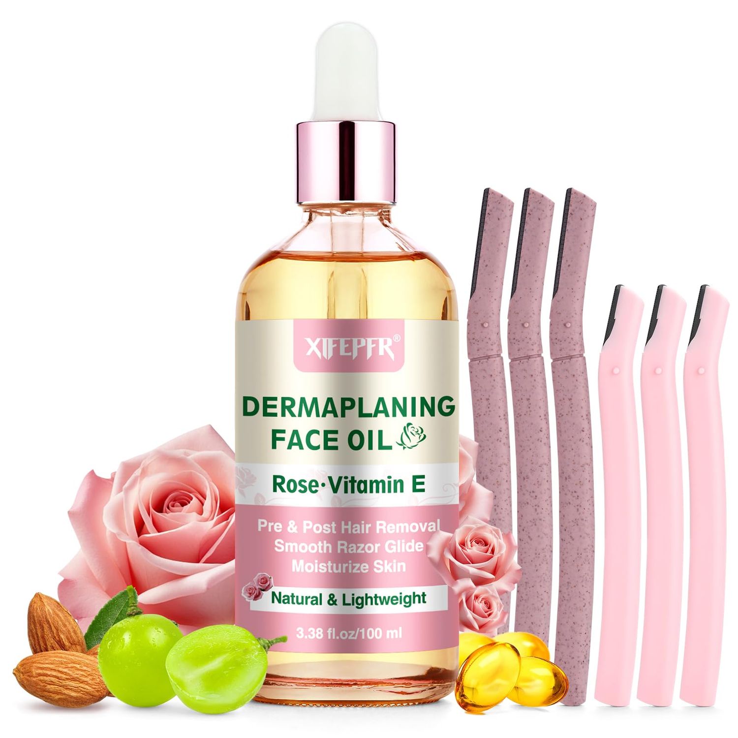 XIFEPFR Dermaplaning Kit, Rose &amp; Vitamin E Oil, Shave Oil with Dermaplaning Tools for Women, Facial Razor, Eyebrow Razor, Softens Area Pre Shave &amp; After Shave