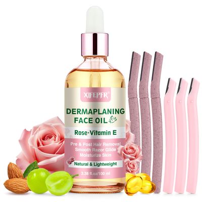 XIFEPFR Dermaplaning Kit, Rose &amp; Vitamin E Oil, Shave Oil with Dermaplaning Tools for Women, Facial Razor, Eyebrow Razor, Softens Area Pre Shave &amp; After Shave
