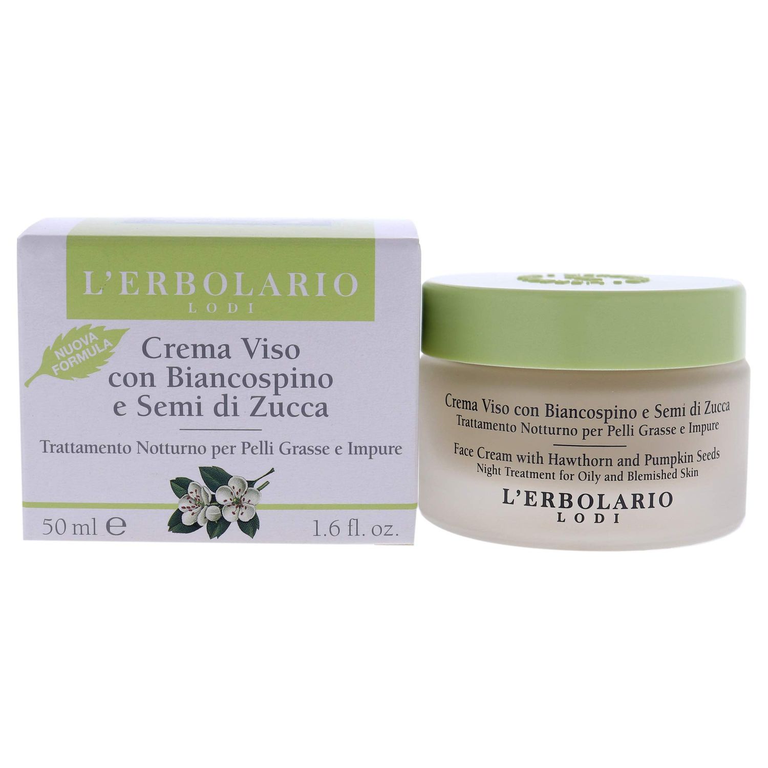 L&#39;Erbolario Face Cream With Hawthorn And Pumpkin Seeds - Hides Blemishes And Prevents Breakouts - Moisturizes And Tones Skin - Fast Absorbing, Non-Greasy - Night Treatment For Oily Skin - 1.6 Oz