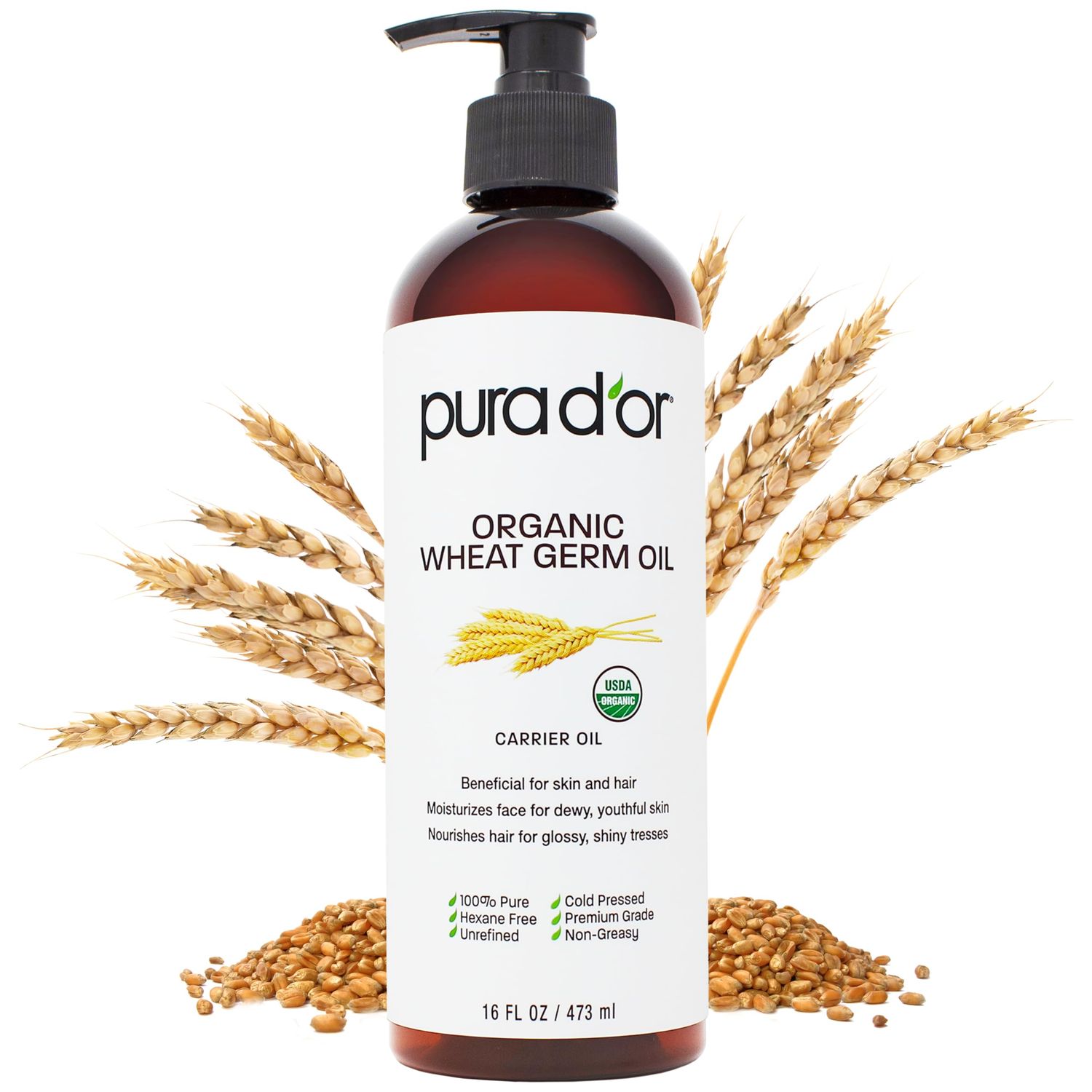 PURA D&#39;OR 16 Oz ORGANIC Wheat Germ Oil - 100% Pure &amp; Natural USDA Certified Cold Pressed Carrier Oil - Vitamin E Rich, Moisturizing &amp; Nourishing Anti-Aging Properties - Healthy Hair Growth &amp; Skincare
