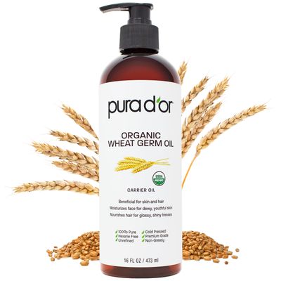 PURA D&#39;OR 16 Oz ORGANIC Wheat Germ Oil - 100% Pure &amp; Natural USDA Certified Cold Pressed Carrier Oil - Vitamin E Rich, Moisturizing &amp; Nourishing Anti-Aging Properties - Healthy Hair Growth &amp; Skincare