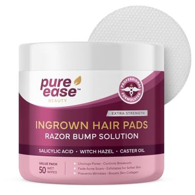 Ingrown Hair Treatment Pads - 50 Wet Wipes for Razor Bumps, Diminish Acne Scars, Exfoliate Skin, Encourage Collagen Generation - Ingrown Hair Serum for Face, Neck, Underarms, Bikini Area