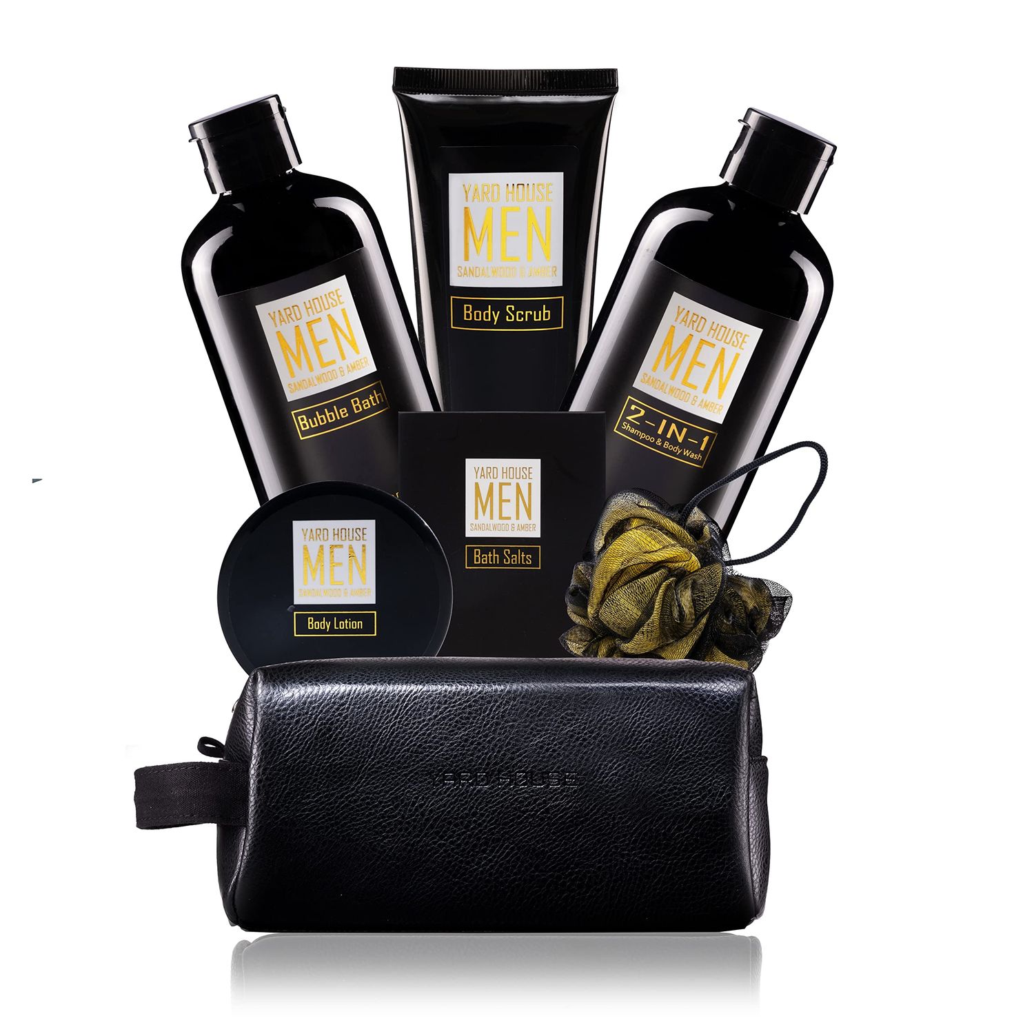 YARD HOUSE Bath and Body Spa Gift Baskets Set for Men - Sandalwood Amber - 7Pc Spa Kit w. Full Size Items in Leather Toiletry Bag - Christmas Holiday Gifts for Him, Birthday, Fathers Day Gifts Idea