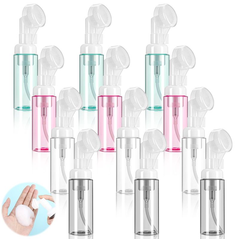 ZhouBoat 12 Pcs 2 oz Foam Bottle with Brush, 60 ml Travel Sized Foaming Soap Dispenser Empty Plastic Mini Facial Soap Pump Bottles Hand Soap Shampoo Container for Face Wash Lash Skin Care, 4 Color