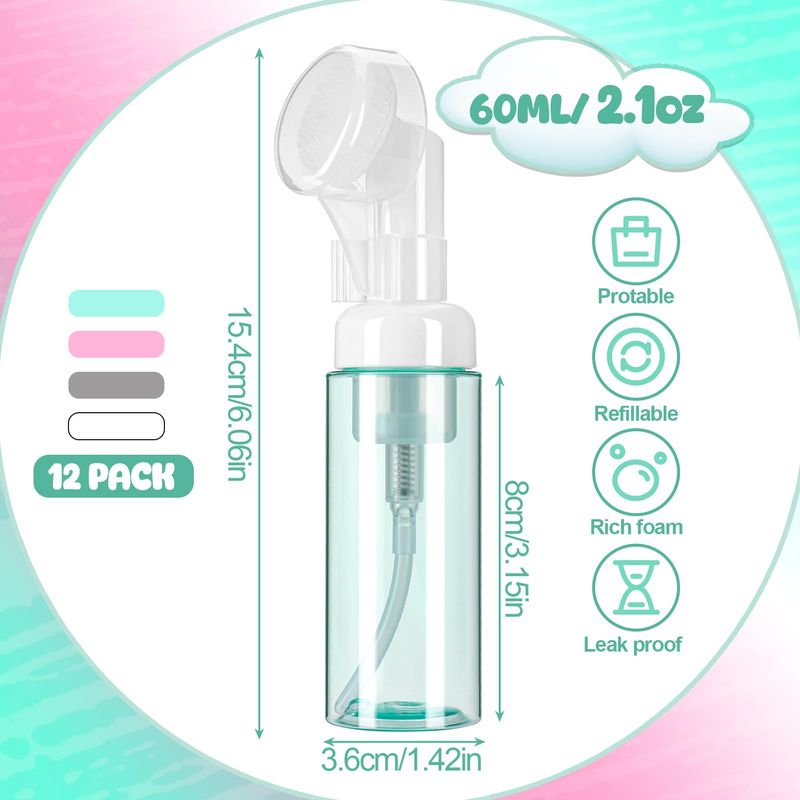 ZhouBoat 12 Pcs 2 oz Foam Bottle with Brush, 60 ml Travel Sized Foaming Soap Dispenser Empty Plastic Mini Facial Soap Pump Bottles Hand Soap Shampoo Container for Face Wash Lash Skin Care, 4 Color
