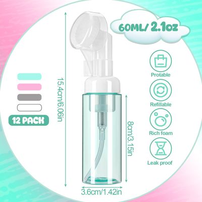 ZhouBoat 12 Pcs 2 oz Foam Bottle with Brush, 60 ml Travel Sized Foaming Soap Dispenser Empty Plastic Mini Facial Soap Pump Bottles Hand Soap Shampoo Container for Face Wash Lash Skin Care, 4 Color