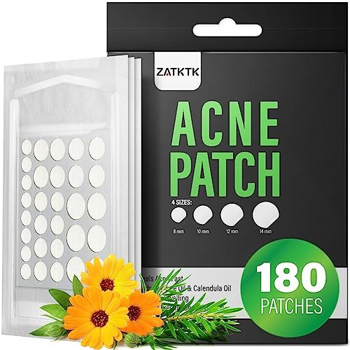 ZATKTK Acne Pimple Patch (180 Counts 4 Sizes), Invisible Hydrocolloid Acne Patch with Tea Tree Oil &amp; Calendula Oil, Acne Spot Patch Zit Patches for Face