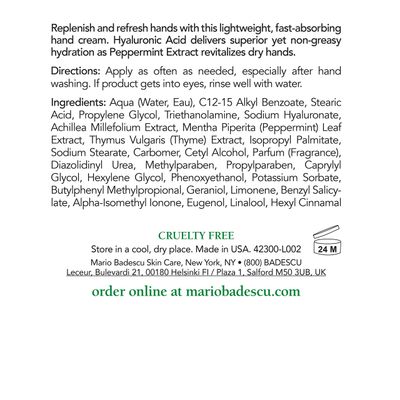 Mario Badescu Hydrating Hand Cream for Dry Cracked Hands - Hand Care Infused with Revitalizing Peppermint - Absorbs Quickly, Non-Greasy and Delivers Lightweight Hydration, 4 Fl Oz