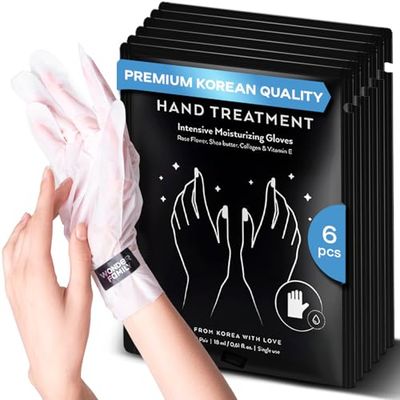 Korean Hand Masks Moisturizing Glove for Dry Hands - Hand Moisturizer Gloves for Women, Men - Hand Therapy Gloves with Collagen, Rose Oil, Shea Butter - White Hydrating Korean Hand Mask Bulk, 6 Pack