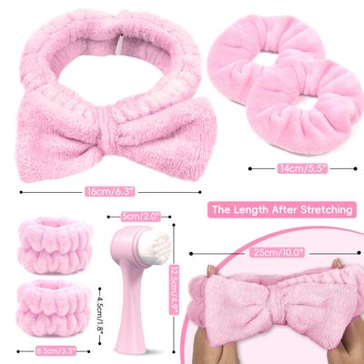 my novel things Spa Headband for Washing Face, Skincare headband and wristband set, Facial Cleansing Brush, 2-in-1 Skin Care face Brush, Come with a Hair Scrunchie, For Massaging Makeup Skincare -Pink