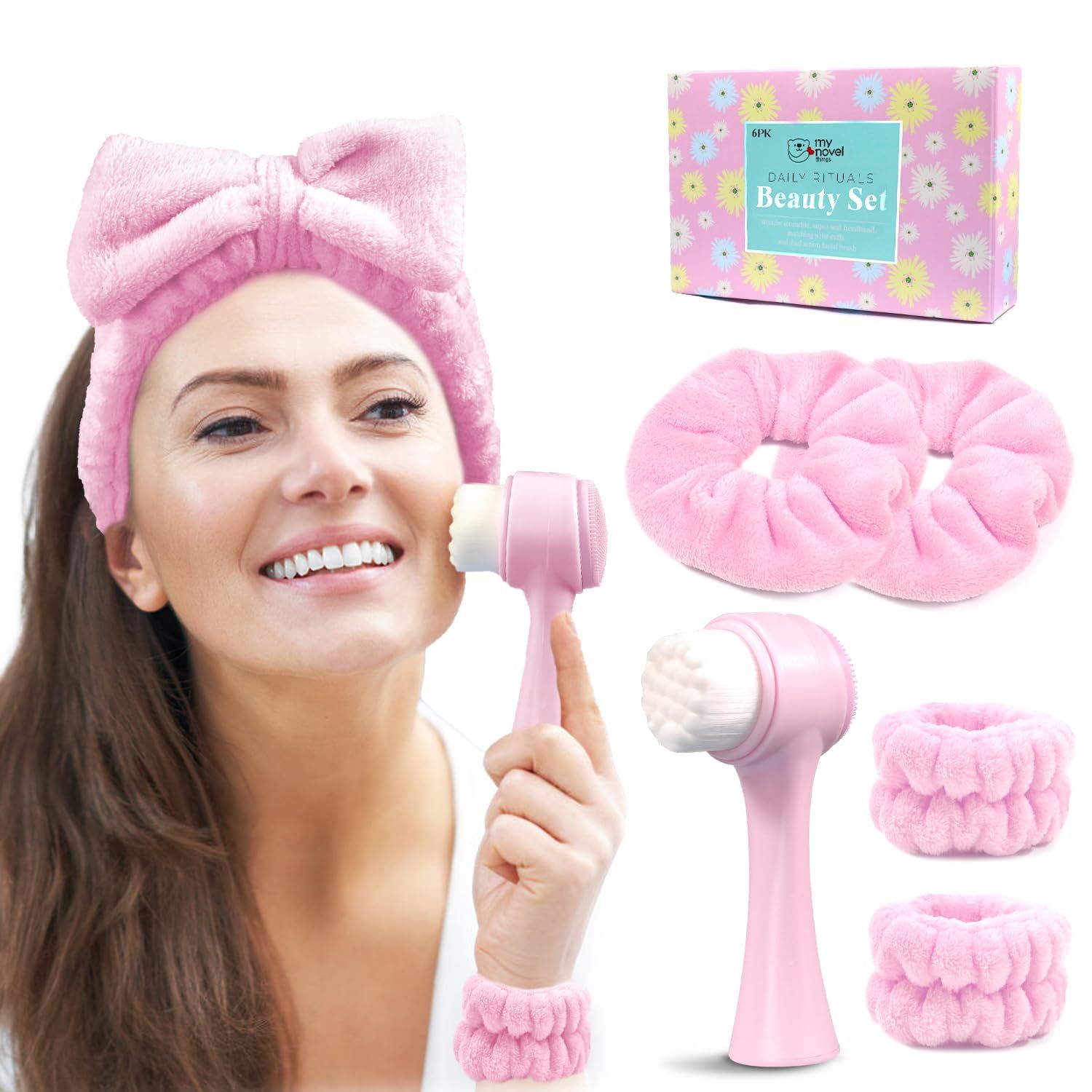 my novel things Spa Headband for Washing Face, Skincare headband and wristband set, Facial Cleansing Brush, 2-in-1 Skin Care face Brush, Come with a Hair Scrunchie, For Massaging Makeup Skincare -Pink