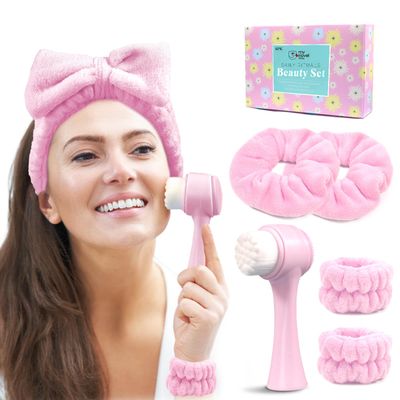 my novel things Spa Headband for Washing Face, Skincare headband and wristband set, Facial Cleansing Brush, 2-in-1 Skin Care face Brush, Come with a Hair Scrunchie, For Massaging Makeup Skincare -Pink