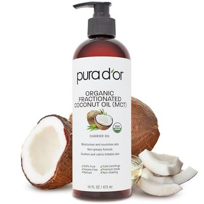 PURA D&#39;OR 16 Oz ORGANIC Fractionated Coconut Oil - MCT Oil - 100% Pure &amp; Natural USDA Certified Cold Pressed Carrier Oil - Unscented, Hexane Free Moisturizer For Face, Skin &amp; Hair Tonic - Men &amp; Women
