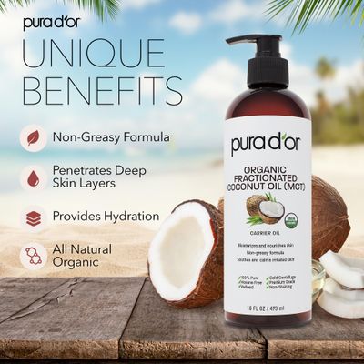 PURA D'OR 16 Oz ORGANIC Fractionated Coconut Oil - MCT Oil - 100% Pure &amp; Natural USDA Certified Cold Pressed Carrier Oil - Unscented, Hexane Free Moisturizer For Face, Skin &amp; Hair Tonic - Men &amp; Women