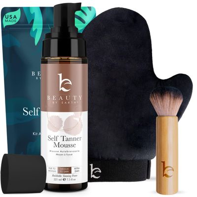 Self Tanner Tanning Mousse Kit - USA Made with Natural &amp; Organic Ingredients, Self Tan Kit with Kabuki Brush &amp; Mitt, Self Tanning Foam for Fake Tan, Non Toxic Sunless Tanner, Self Tanners Best Sellers