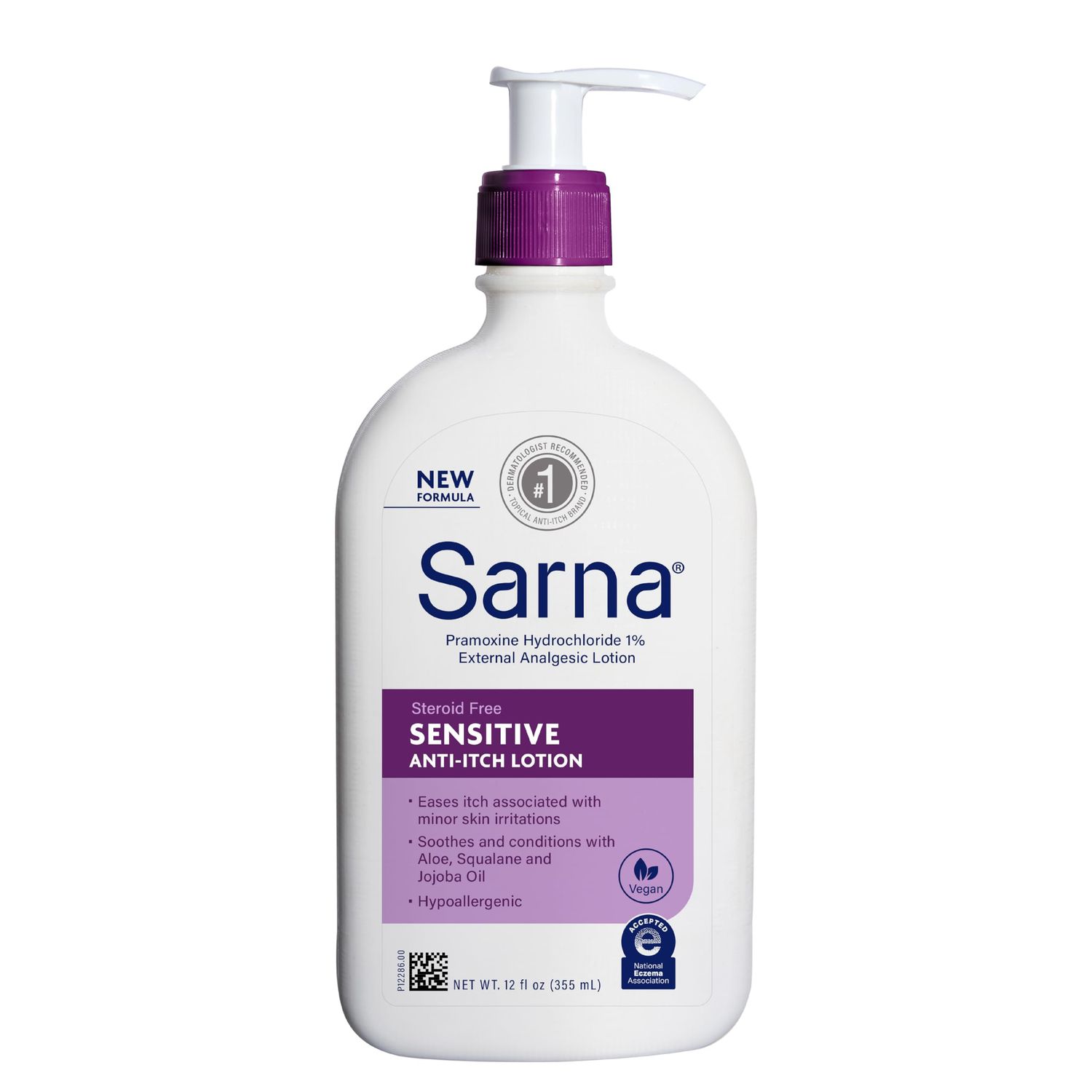 Sarna Sensitive Anti-Itch Lotion, Steroid-Free, Fragrance-Free, Vegan, Hypoallergenic, National Eczema Association Accepted, 1% Pramoxine Hydrochloride, 12 oz