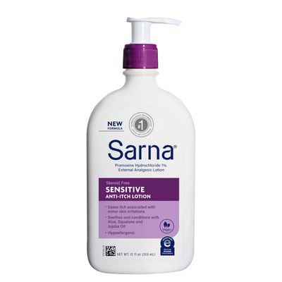 Sarna Sensitive Anti-Itch Lotion, Steroid-Free, Fragrance-Free, Vegan, Hypoallergenic, National Eczema Association Accepted, 1% Pramoxine Hydrochloride, 12 oz
