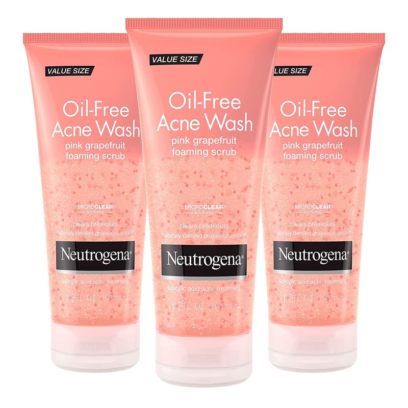 Neutrogena Oil Free Pink Grapefruit Acne Treatment Face Wash with Vitamin C, 2% Salicylic Acid, Gentle Foaming Facial Scrub to Treat &amp; Prevent Breakouts, 6.7 Fl Oz, Pack of 3