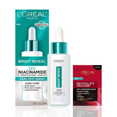 LOral Paris Bright Reveal 12% [Niacinamide + Amino Sulfonic + Ferulic] Dark Spot Serum 1oz + Moisturizer Sample