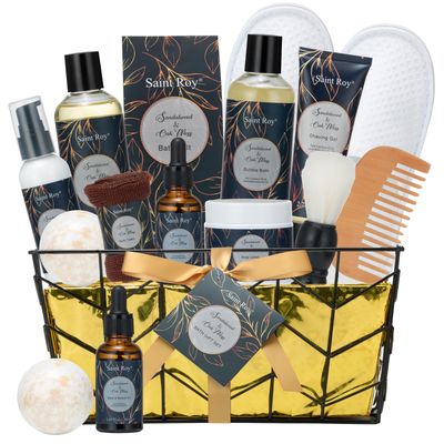Spa Gift Basket for Men, Body Wash Men, 13pcs Sandalwood &amp; Oak Moss Bath and Beard Kit for Men with Shower Gel, Body Lotion, Bubble Bath, Beard Brush, Bread Comb Spa Kits for Man dad Fathers Day