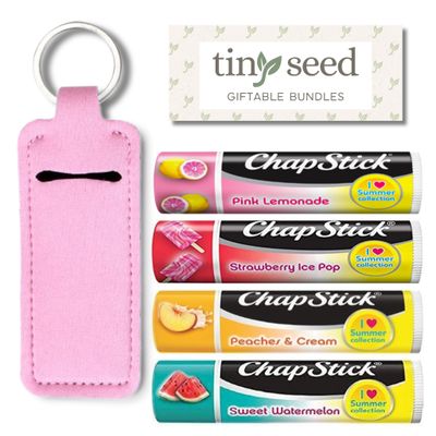 Set of 4 Chapsticks: Strawberry Ice Pop, Pink Lemonade, Peaches &amp; Cream, Sweet Watermelon. Limited Edition by Chapstick I Love Summer Collection. Includes Lip Balm Holder Keychain (Pink)