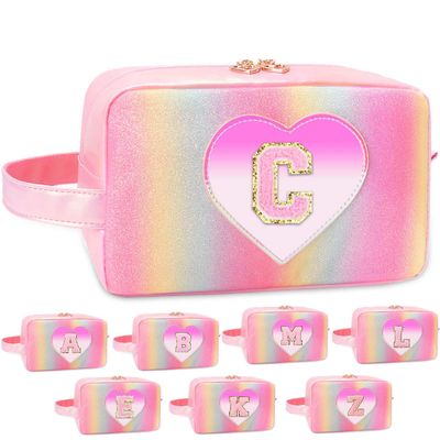 RHCPFOVR Makeup Bag Gifts for Girls - Personalized Initial Birthday Gifts for Teen Girls Gifts for Mom Daughter Teacher Wife Grandmother Pink Cute PU Leather Waterproof Makeup Bag Pouch for Women C