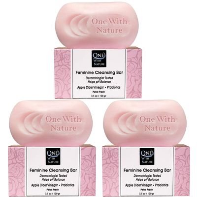 One With Nature Feminine Cleansing Bar, Petal Fresh, Probiotics, Apple Cider Vinegar, Omega Fatty Acids, Oatmeal, Pure, Gentle Cleansing Bar for Sensitive Skin, Face, Body, 3.5 Oz (Pack of 3)