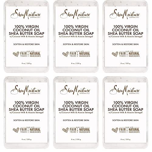 SheaMoisture Shea Butter Body Wash Bar Soap, Cleansing Skin Care to Soften &amp; Restore, 100% Virgin Coconut Oil with Coconut Milk, Shea Butter &amp; Acacia Senegal, 8 Oz Bar - 6 pack
