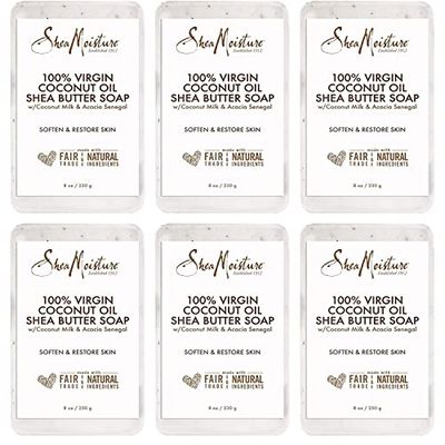 SheaMoisture Shea Butter Body Wash Bar Soap, Cleansing Skin Care to Soften &amp; Restore, 100% Virgin Coconut Oil with Coconut Milk, Shea Butter &amp; Acacia Senegal, 8 Oz Bar - 6 pack