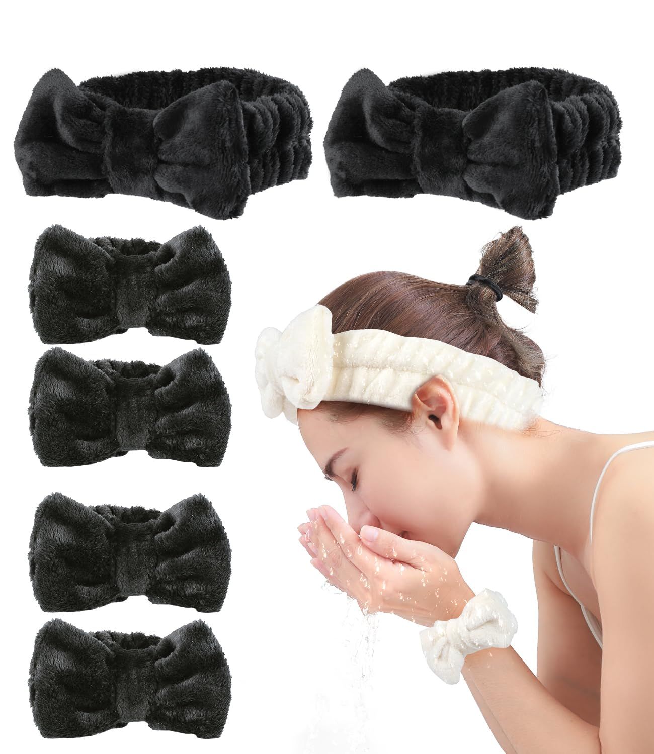 Spa Headband and Wristband Set,Face Wash Spa Headband and Wristband Set, Face Wash Headband Makeup Skincare Headband Wrist Bands Microfiber Wristbands for Women Girls Skin Care-Black