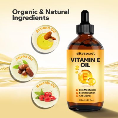 SilkySecret Organic Vitamin E Oil (4.05 Fl Oz), 50,000 IU Face and Body Moisturizer with Almond, Jojoba, and Rosehip Oils, Skincare &amp; Face Moisturizer for Healthy Radiant Skin