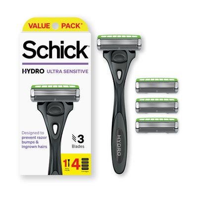 Schick Hydro Ultra Sensitive Razor, 1 Razor Handle and 4 Cartridges | Shaving Razors for Men Sensitive Skin, 3 Blade Mens Razors for Shaving, Razor Blades for Men, 1 Handle with 4 Razor Blades Refills
