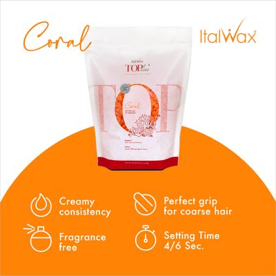 Italwax Top Line Coral - 750g / 1.65lb - Hard wax beads for hair removal - Unscented - Synthetic formulation ideal for sensitive skins - Recommended for Bikini Area and Armpits