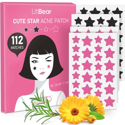 LitBear Star Pimple Patches, Black &amp; Pink Hydrocolloid Acne Patches with Tea Tree Oil &amp; Centella, Cute Pimple Stickers Zits Patches For Face Blemished Spot Patch Acne Dots, 112 Patches, 14mm &amp; 10mm