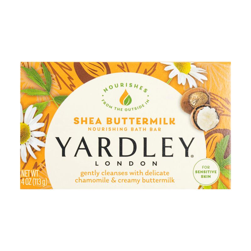 Yardley London Nourishing Bath Soap Bar Shea Buttermilk for Sensitive Skin, Gently Cleanses with Delicate Chamomile &amp; Creamy Buttermilk, 4.0 oz Bath Bar, 1 Soap Bar