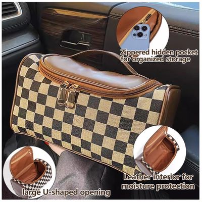 Vintage Makeup Bag for Women Portable Retro Checkered Pattern Cosmetic Organizer Patchwork Style Pillow Storage Pouch Skincare Storage Bag Large Capacity Elegant Handheld Waterproof Handbag (Brown)