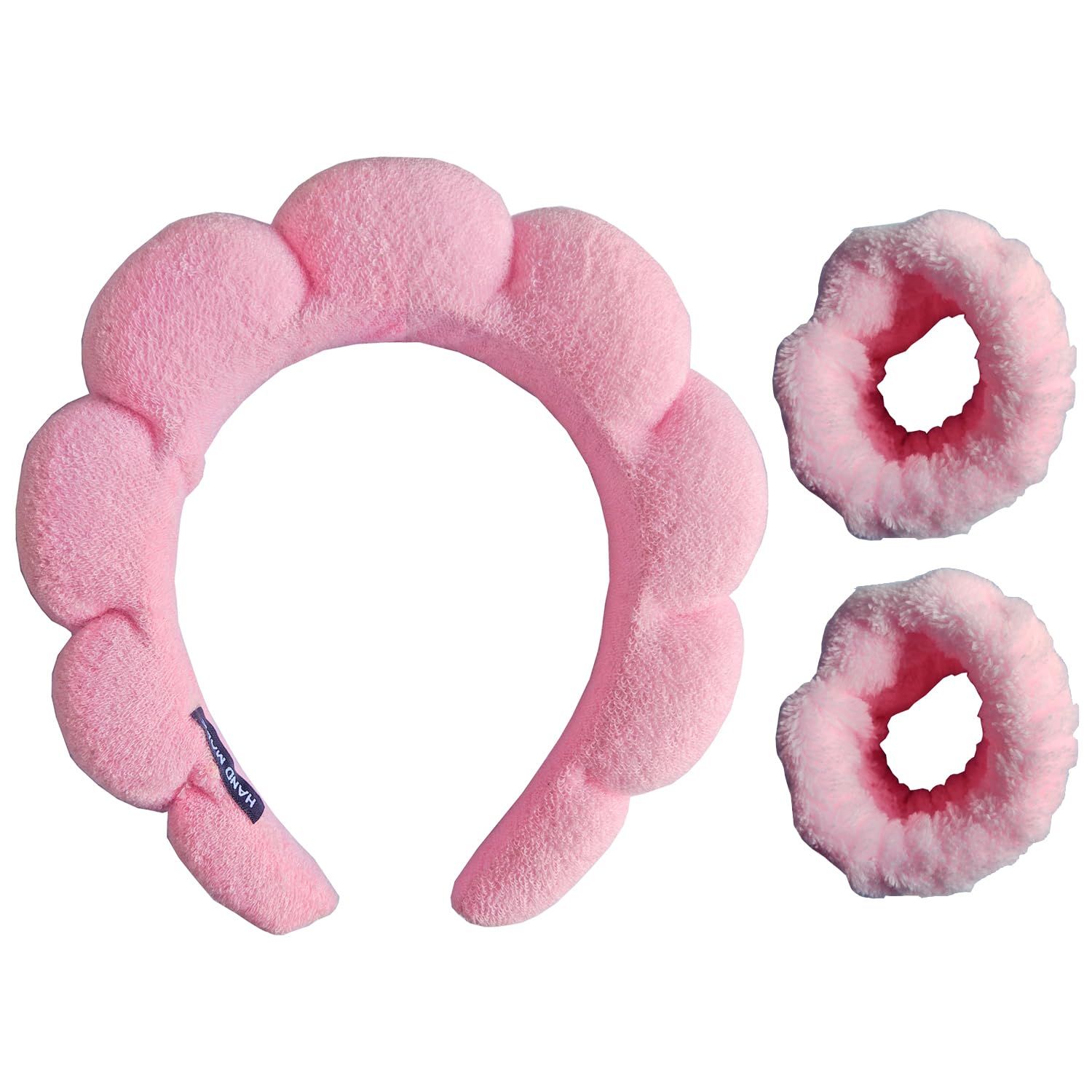Yiaizhuo Fashion Spa Headband Wristband Set for Washing Face Get Ready Hairband Sponge Makeup Skincare Headband Wrist Band Soft Hairband for Women Girls Puffy Headwear Non Slip Pink