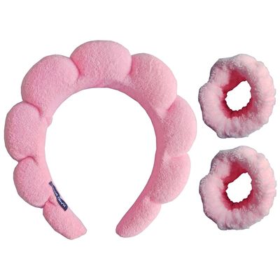 Yiaizhuo Fashion Spa Headband Wristband Set for Washing Face Get Ready Hairband Sponge Makeup Skincare Headband Wrist Band Soft Hairband for Women Girls Puffy Headwear Non Slip Pink