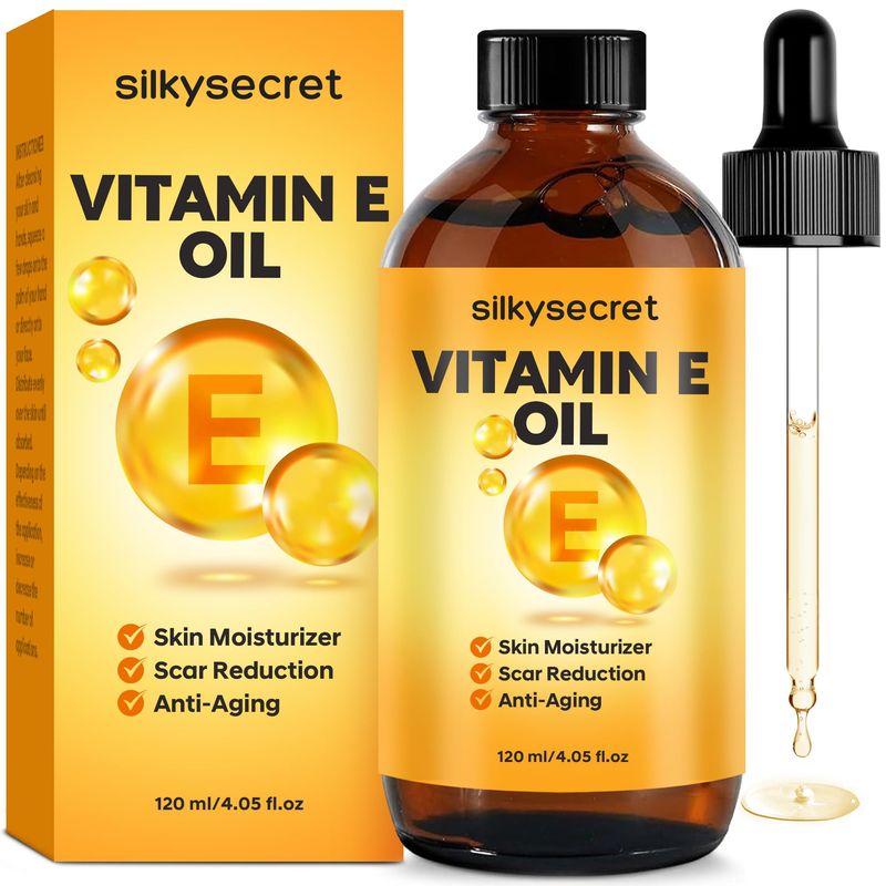 SilkySecret Organic Vitamin E Oil (4.05 Fl Oz), 50,000 IU Face and Body Moisturizer with Almond, Jojoba, and Rosehip Oils, Skincare &amp; Face Moisturizer for Healthy Radiant Skin