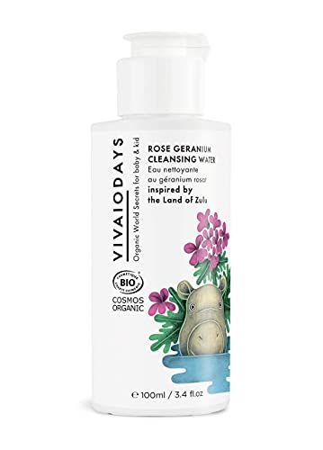VIVAIODAYS Organic Rose Geranium Cleansing Water -Quick Clean up for Baby &amp; Gentle Makeup Remover (3.4 oz | 100 ml)