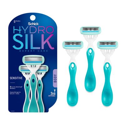 Schick Hydro Silk Sensitive Women&#39;s Disposable Razors, 3ct | 5-Blade Disposable Razors for Women Sensitive Skin | Travel Razor for Women