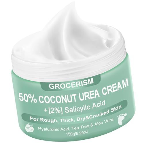 Urea Cream 50 Percent for Feet with Coconut 5.29 oz || Foot &amp; Hand Cream Maximum Strength with 2% Salicylic Acid, Hyaluronic Acid,Tea Tree and Aloe Vera for Deep Moisturizing and Callus Removing