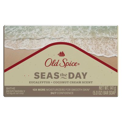 Old Spice Men&#39;s Bar Soap, Seas The Day Eucalyptus and Coconut Cream Scent, 10x More Moisturizers for Smooth Skin with Mild Exfoliators &amp; Plant Based Cleansers, 5.0 oz