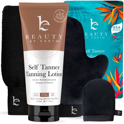 Self Tanner Kit - USA Made with Organic &amp; Natural Ingredients, Tanning Lotion with Glove &amp; Exfoliating Mitt, Non Toxic Gradual Tan Lotion, Sunless Tanner for Fake Tan, Streak Free &amp; No Orange Tones